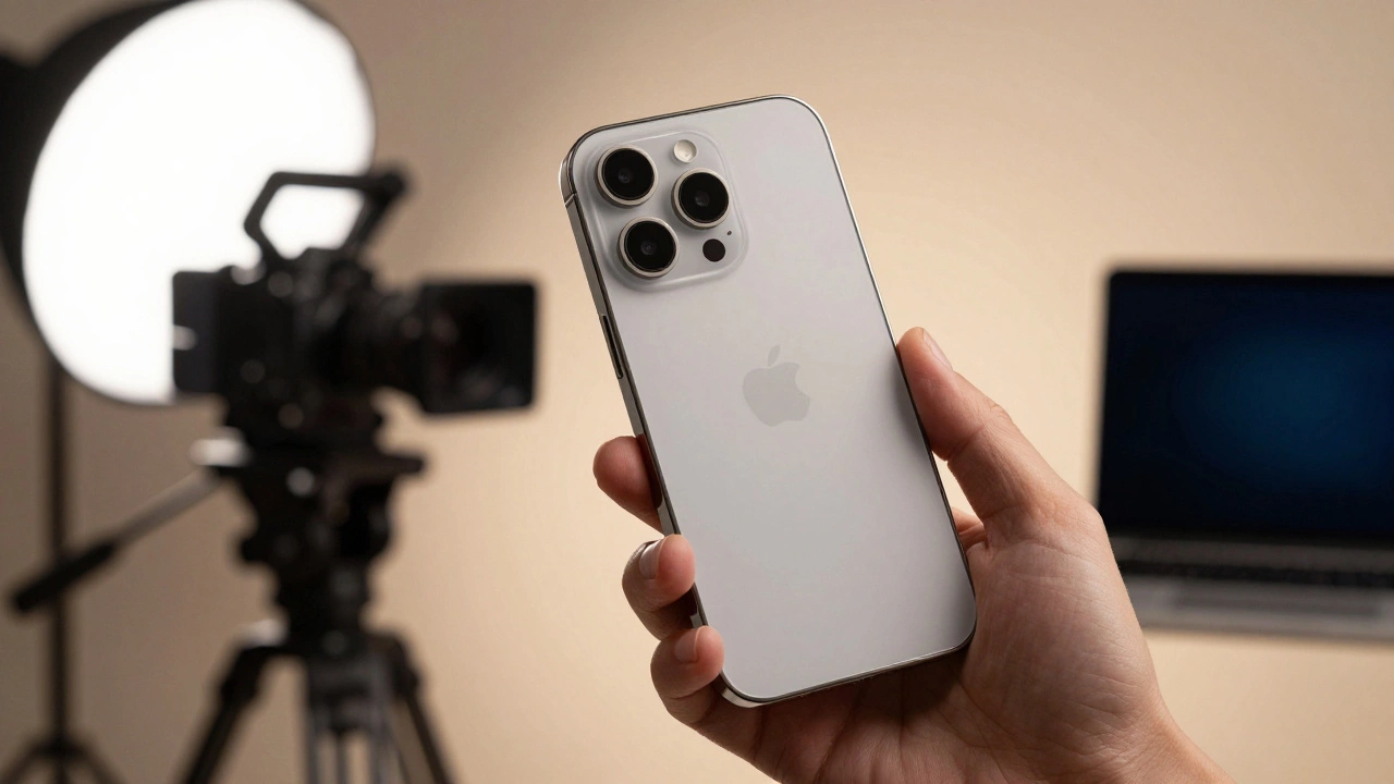 Close-up of iPhone 15 Pro Max titanium frame in a professional creative studio setting