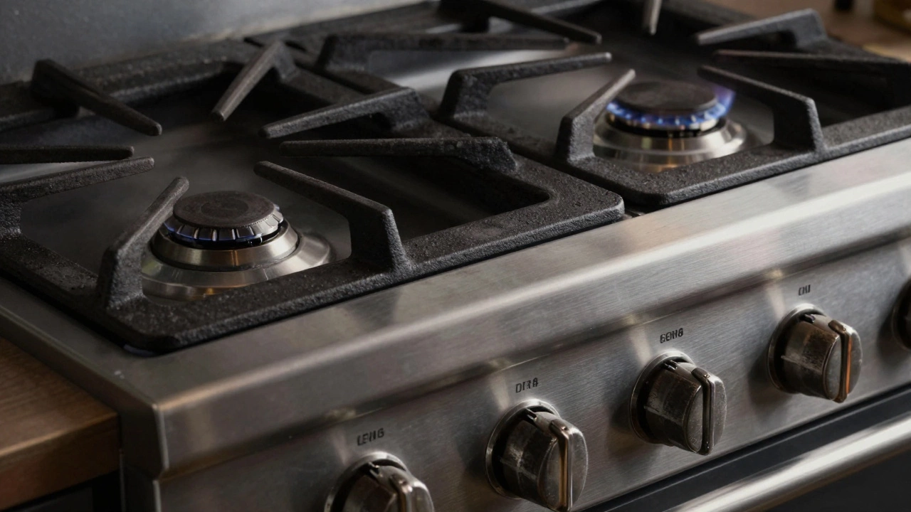Close-up of professional-grade cast iron grates and a metal dial on a heavy-duty gas range.