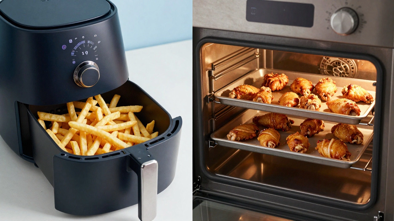 Comparison between a small air fryer basket and a large conventional oven with baking sheets.