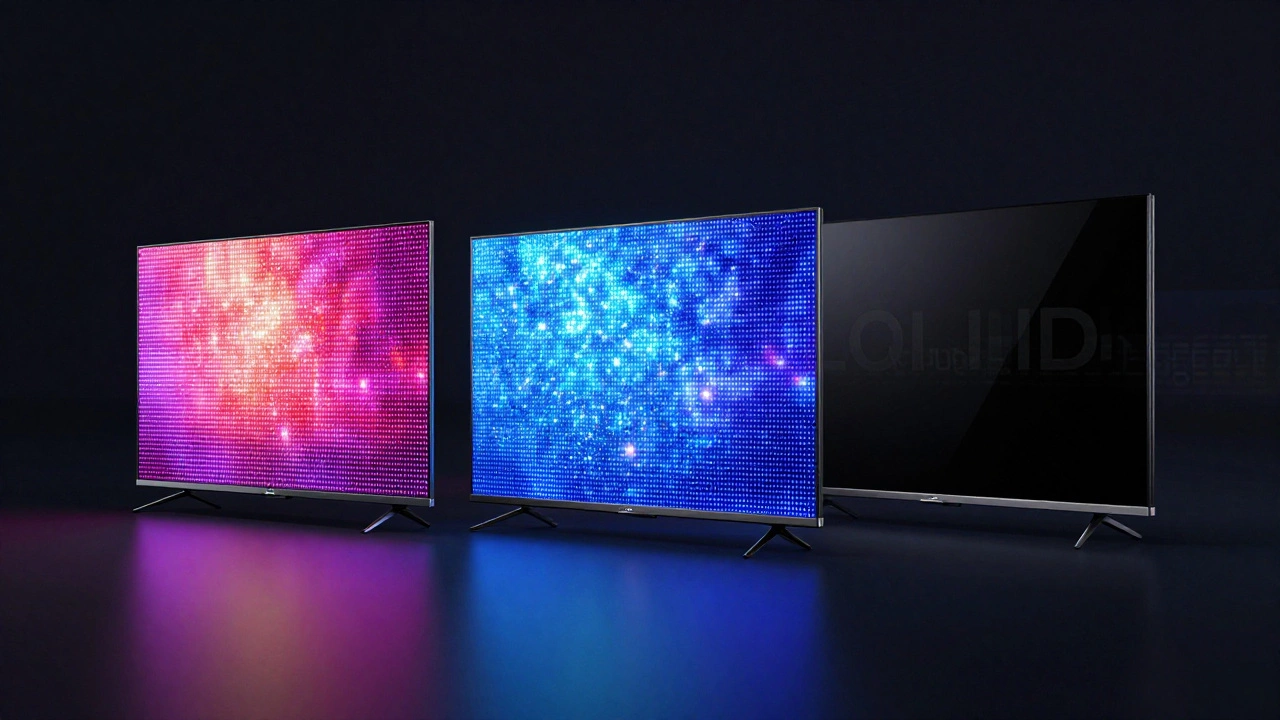 Comparison of LED, QLED, and OLED screens showing different image qualities and wear.