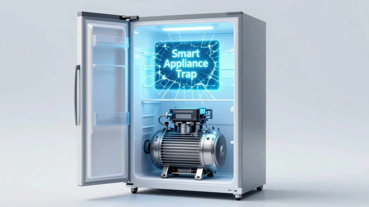 Conceptual image of a modern fridge with a failing digital screen over a durable mechanical compressor.