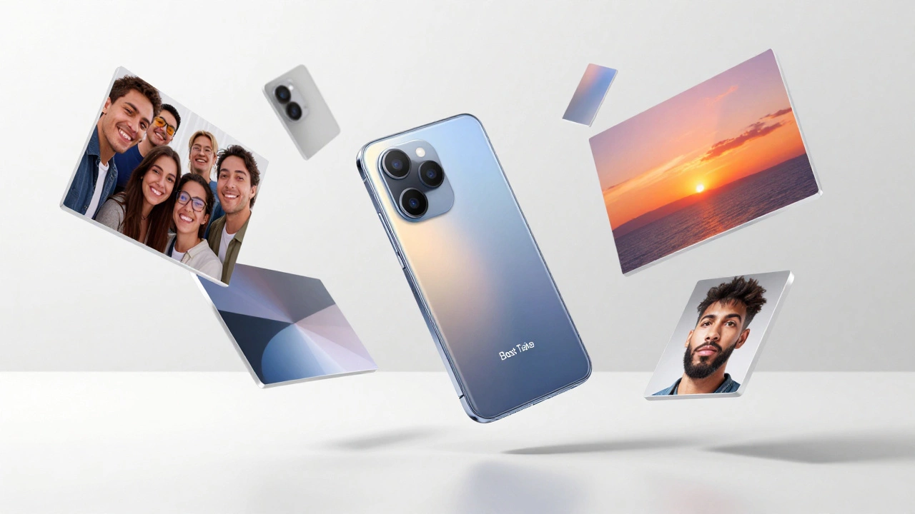 Google Pixel 8 Pro floating among AI-enhanced photos in a minimalist white environment