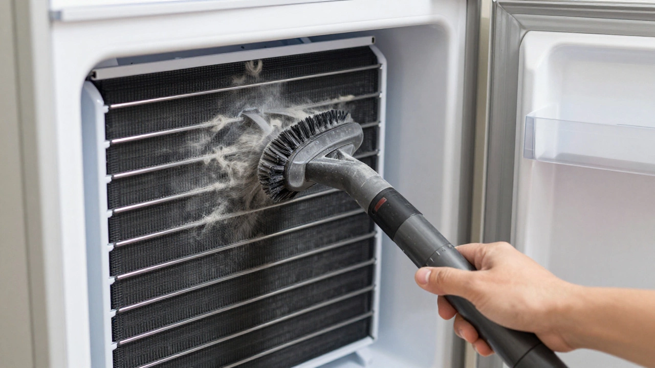 Hand using a vacuum brush to clean dust from refrigerator condenser coils.