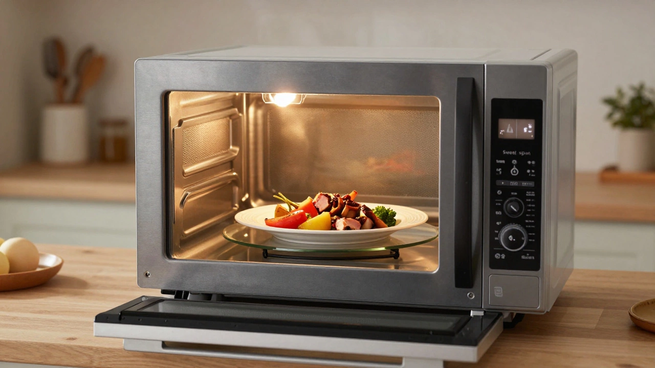 Mid-size microwave with a standard dinner plate fitting perfectly on the turntable.