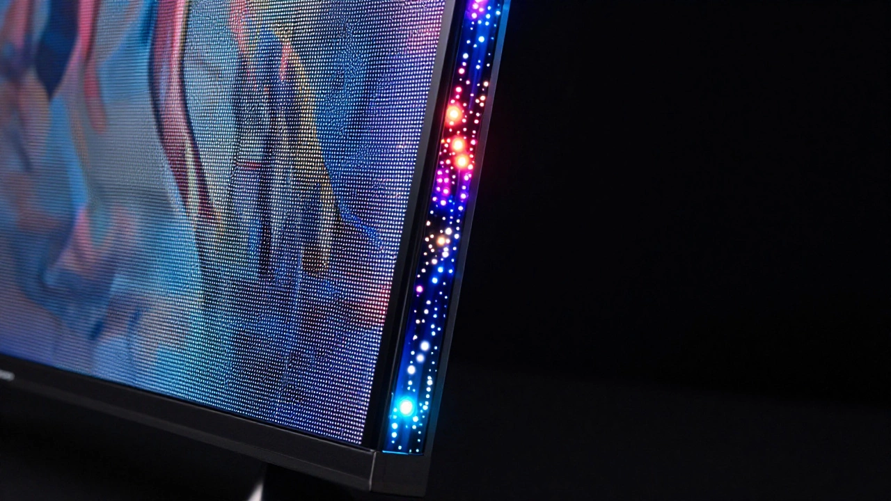 Split-screen comparison showing the difference between standard LED and vibrant QLED TV technology.