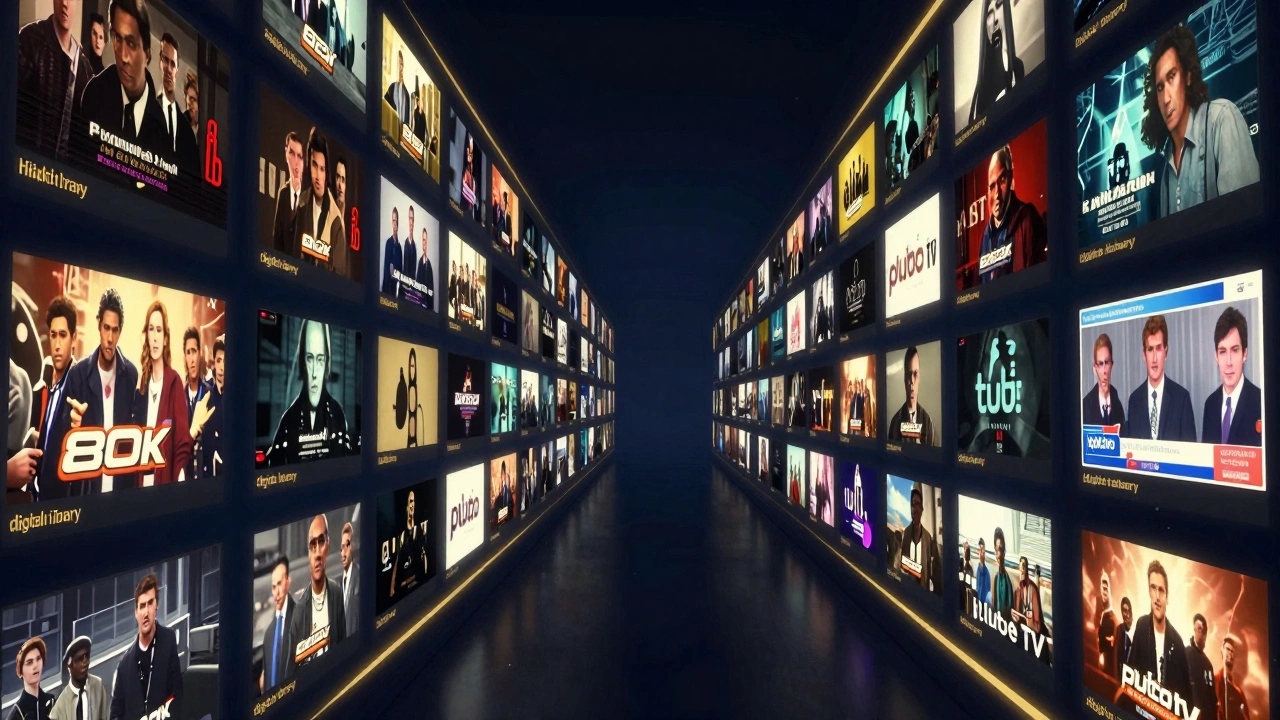 Surreal digital library of glowing screens displaying a wide variety of free movies and live TV.