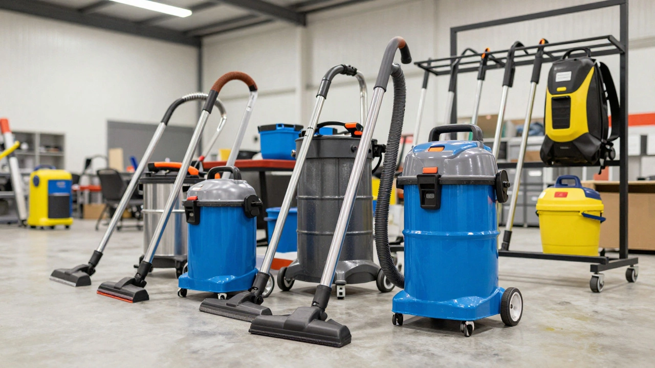 Assortment of professional vacuums including canister, wet/dry, and backpack models.