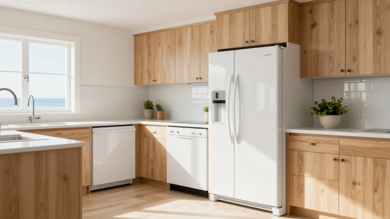 Bright white appliances blending seamlessly with a coastal farmhouse kitchen
