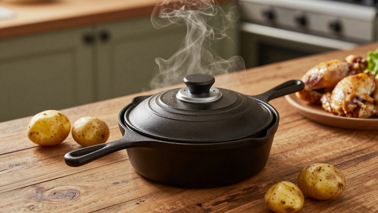 Cast iron skillet with air fryer lid steaming on table