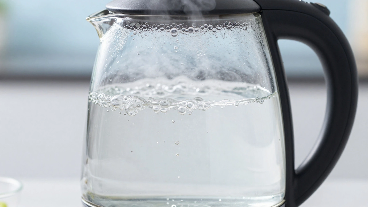 Clear borosilicate glass kettle showing boiling water and steam