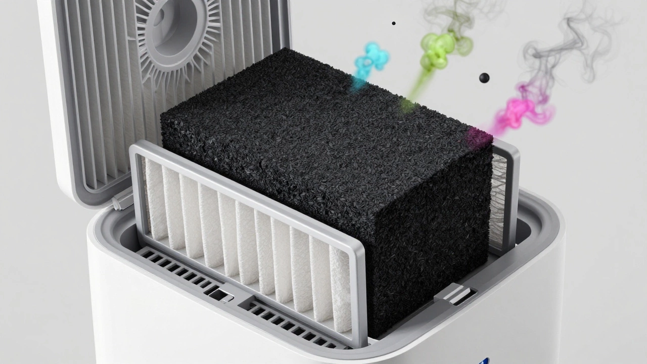 Close-up of HEPA and carbon filters trapping smoke and pollutants