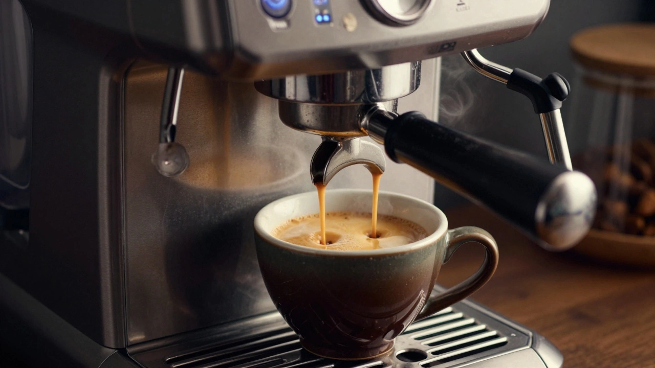 Close-up of rich espresso pouring into a cup with golden crema from a semi-auto machine.