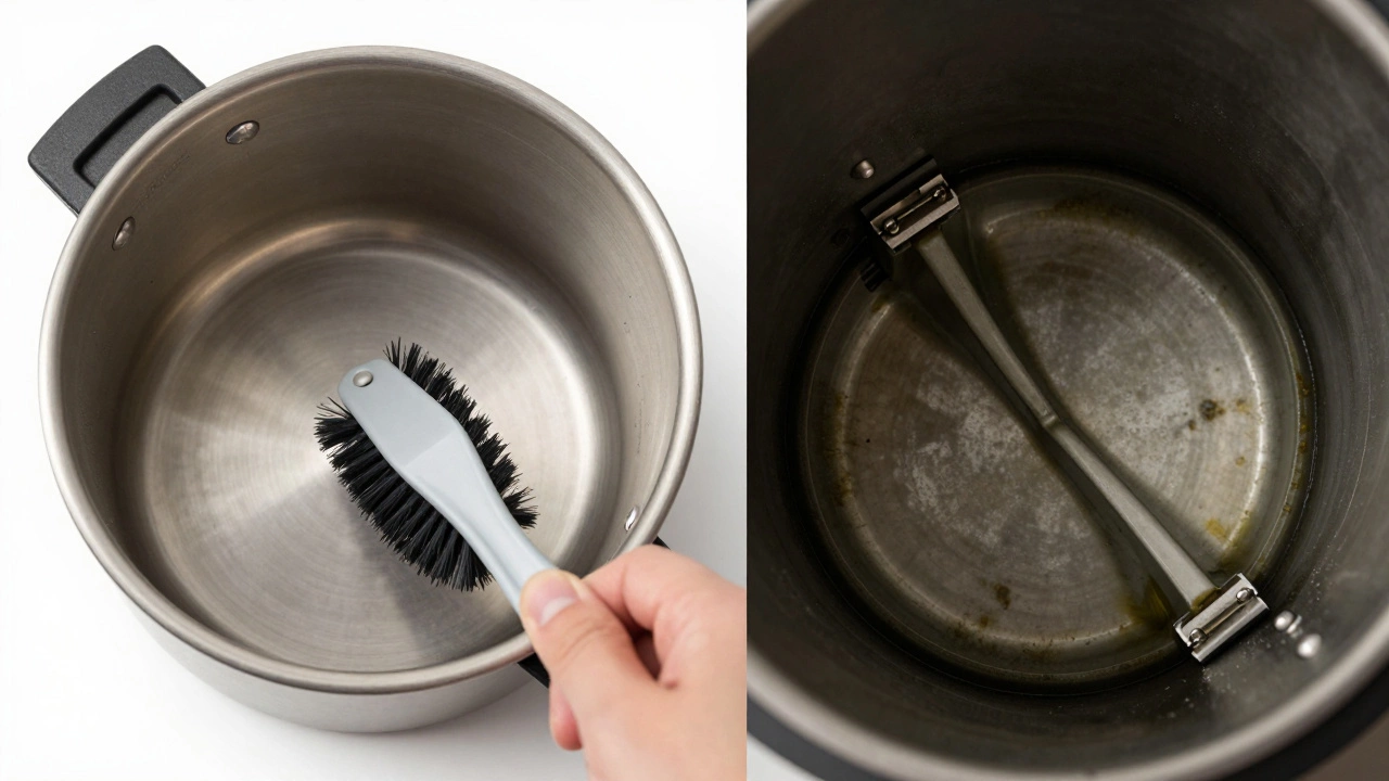 Comparison of clean stainless steel vs dirty plastic kettle interiors