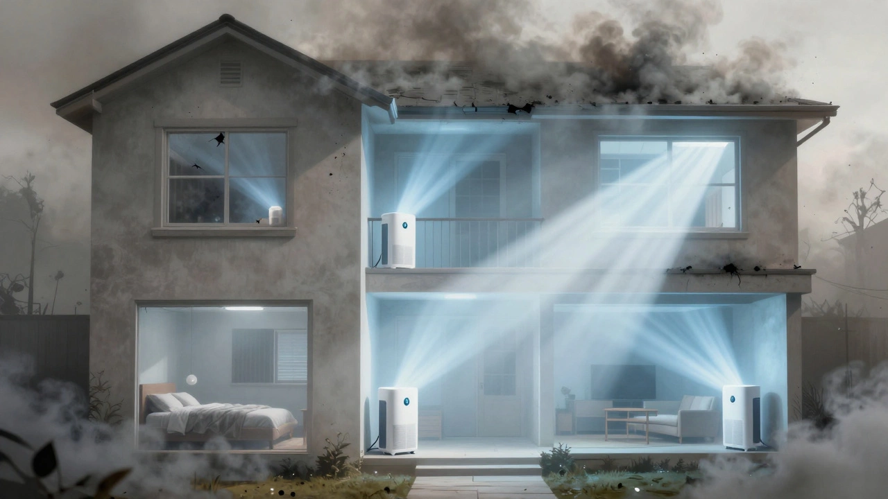 Cross-section of home showing air purifiers filtering smoke