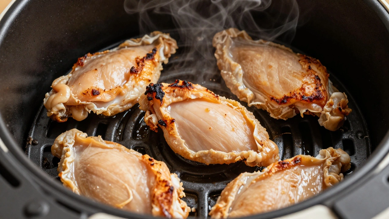 Dry, unevenly cooked chicken in an air fryer basket