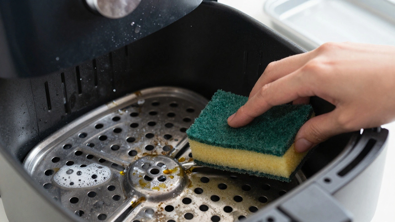 Hand scrubbing greasy air fryer basket next to clean tray