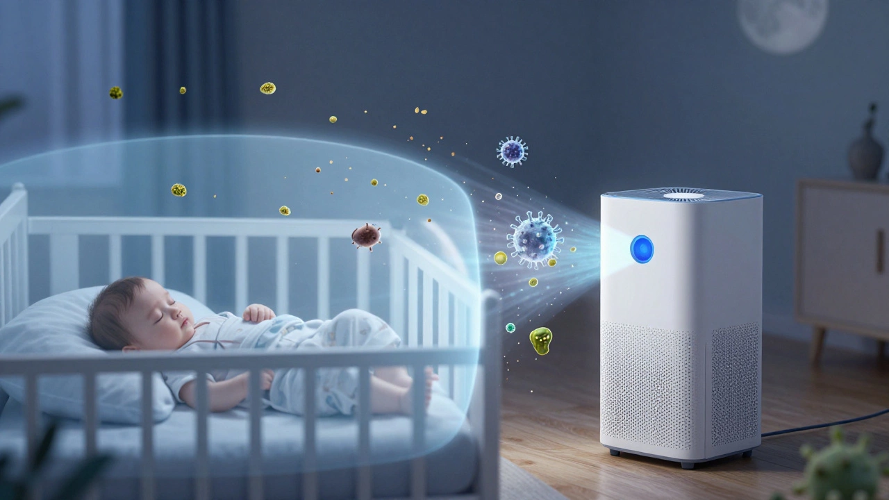 Infant sleeping safely while purifier removes airborne allergens