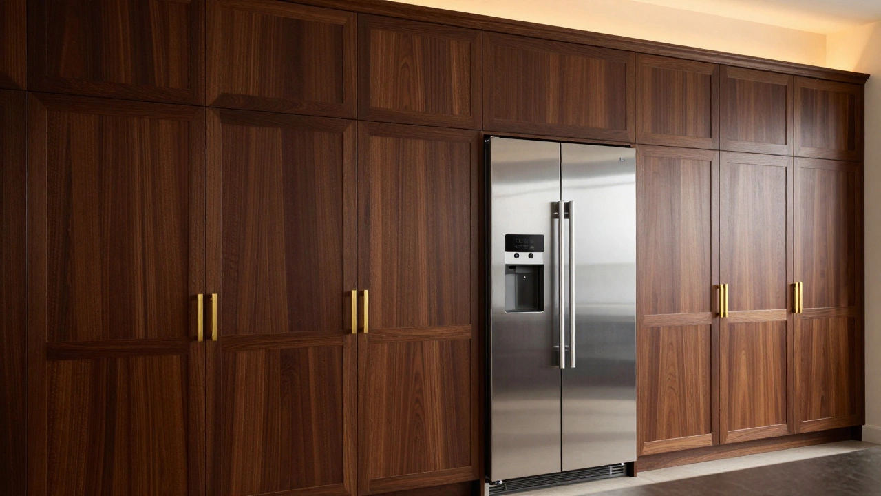 Integrated panel-ready refrigerator hidden behind custom walnut cabinetry