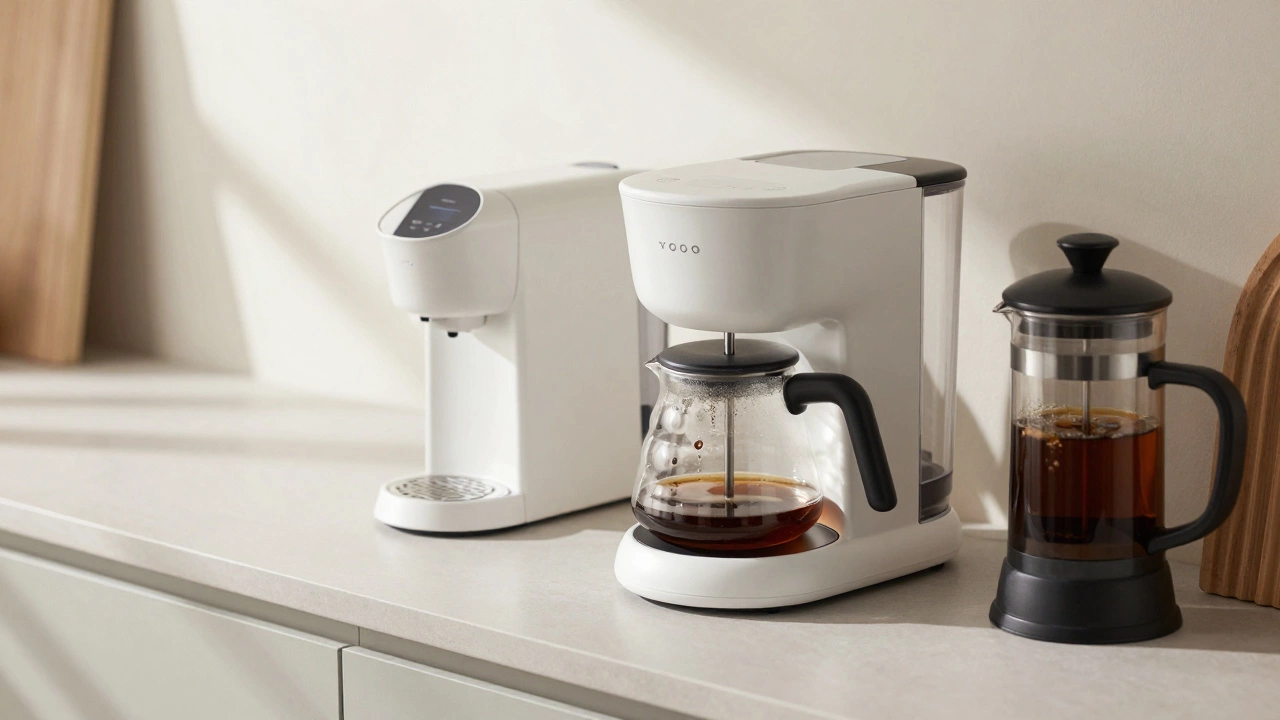 Minimalist coffee makers and French press on a bright kitchen counter
