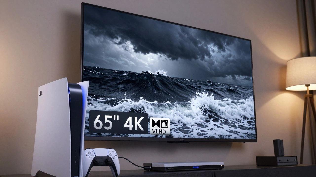 Modern 4K TV displaying HDR content with PS5 console nearby