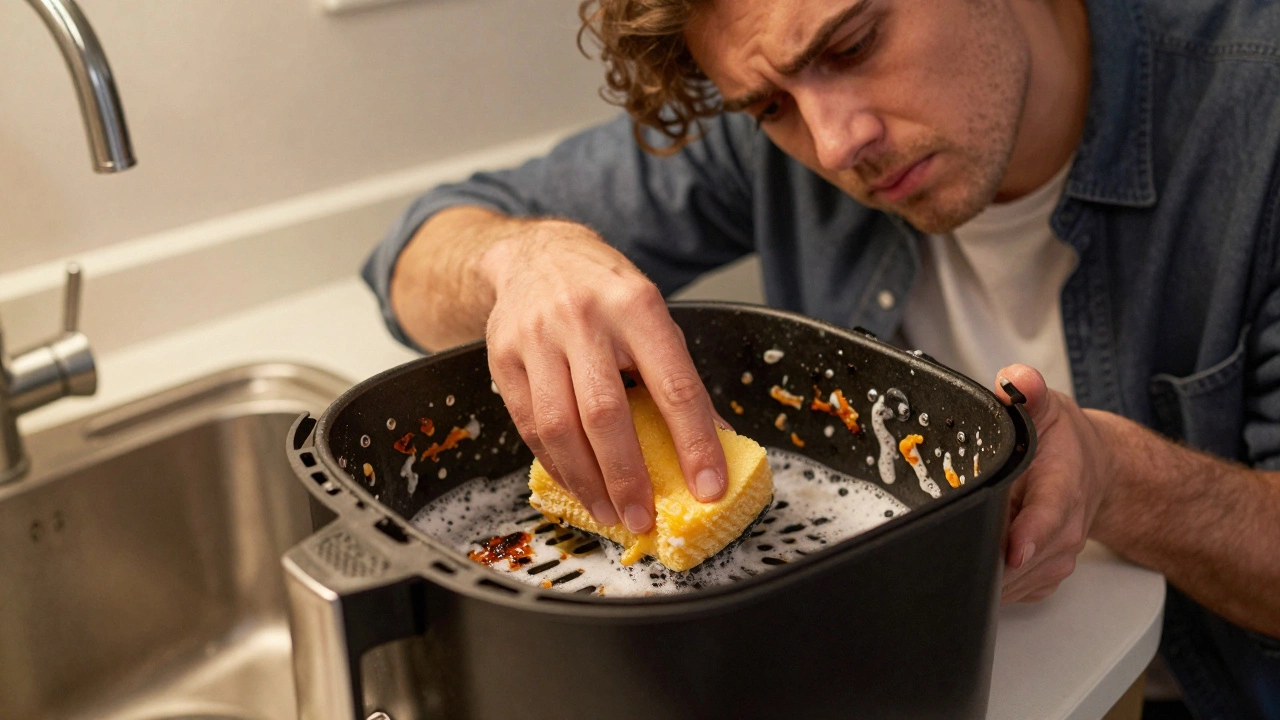 Person struggling to clean a greasy, stuck-on air fryer basket