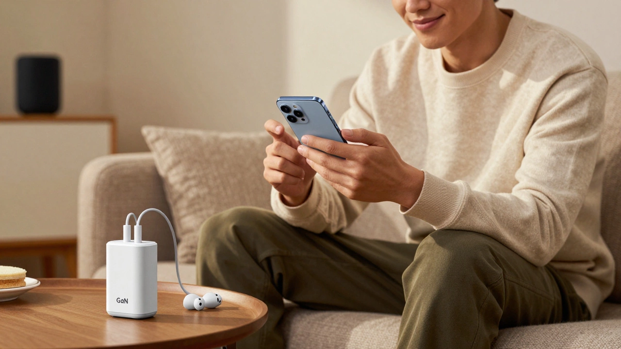 Person using Android phone and earbuds with fast charger nearby.