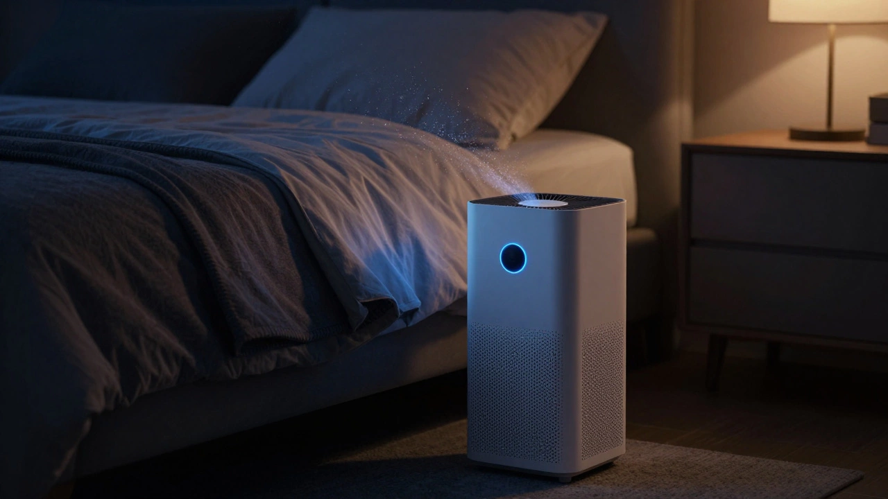 Quiet air purifier with soft blue light in a dark bedroom