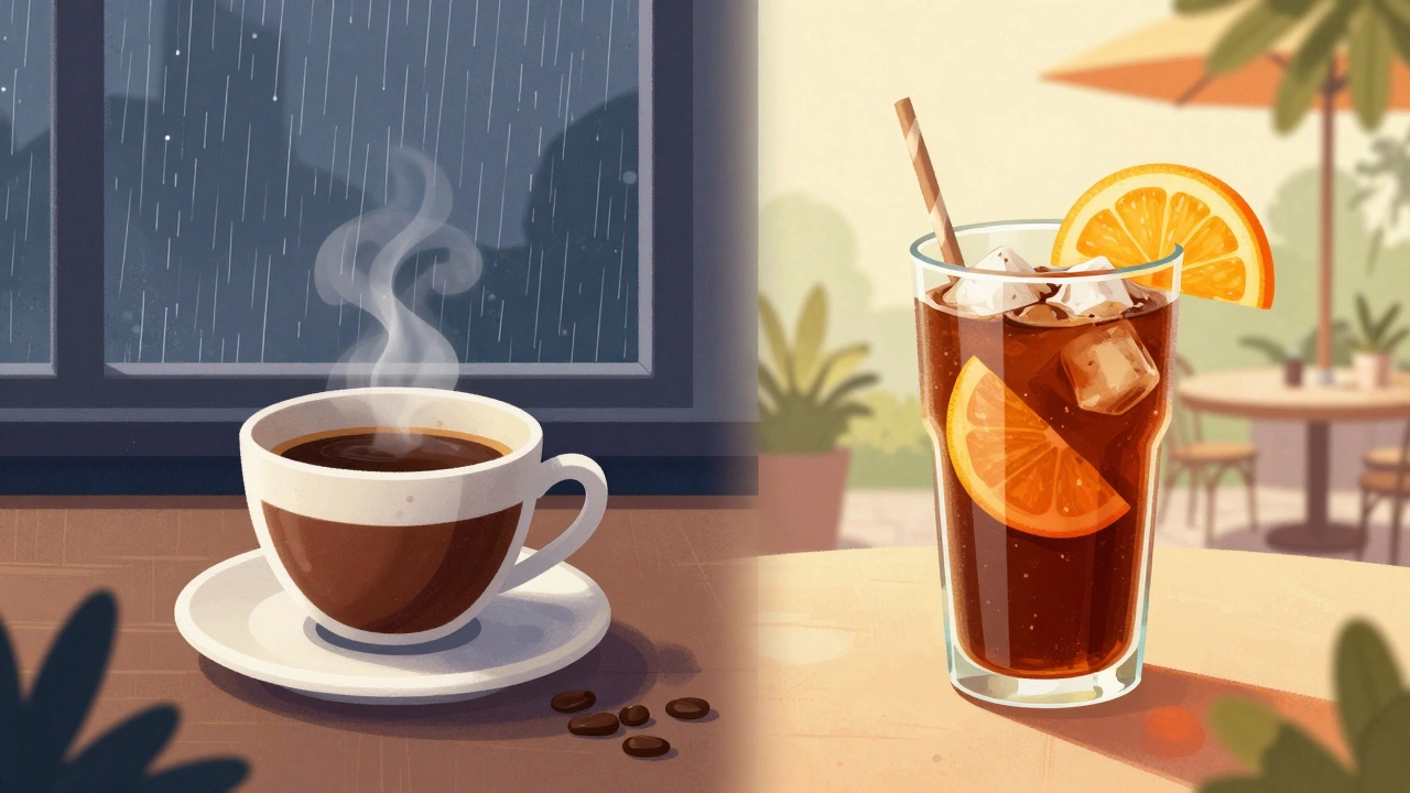 Split illustration comparing hot coffee in cold weather vs cold drinks in heat