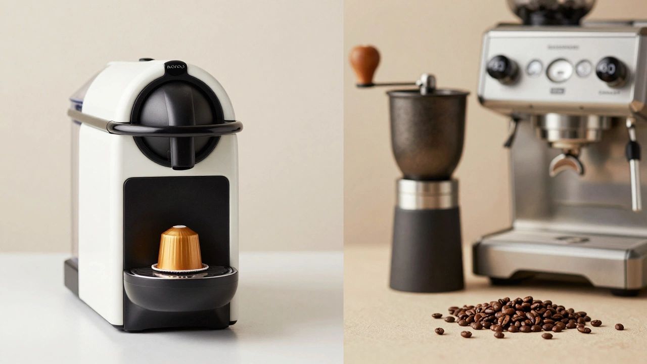 Split view comparing a convenient pod coffee machine with a traditional burr grinder setup.