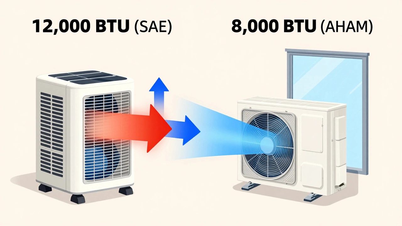 Visual comparison of misleading SAE vs accurate AHAM BTU ratings for ACs