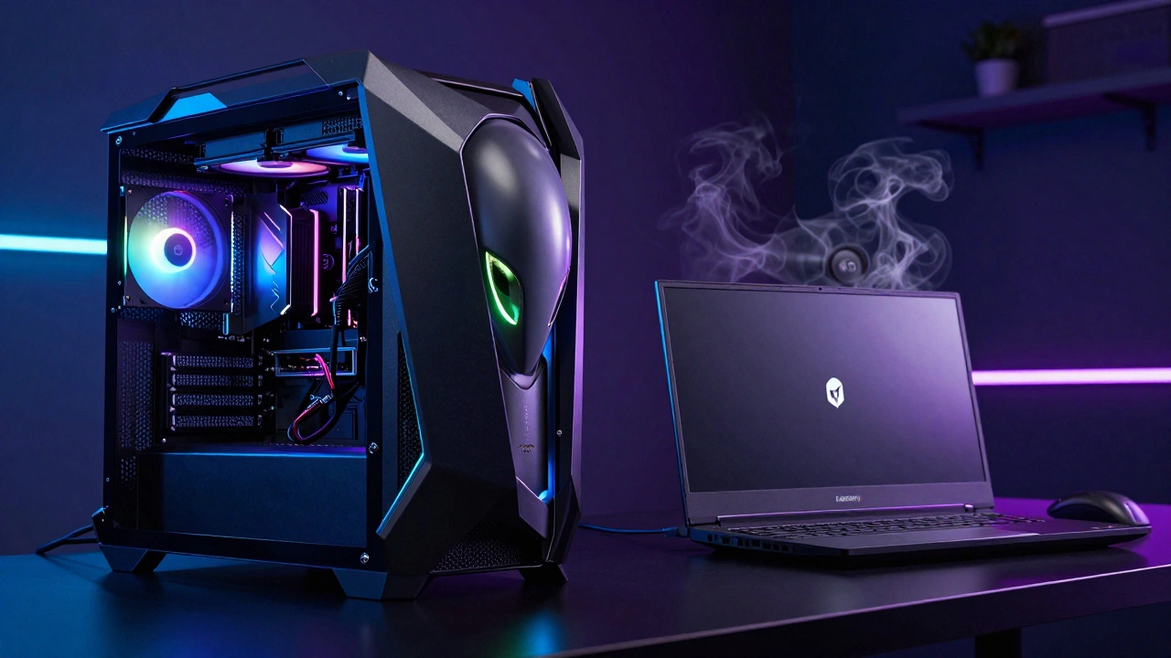Alienware and Legion gaming laptops illuminated by neon lights in a dark room