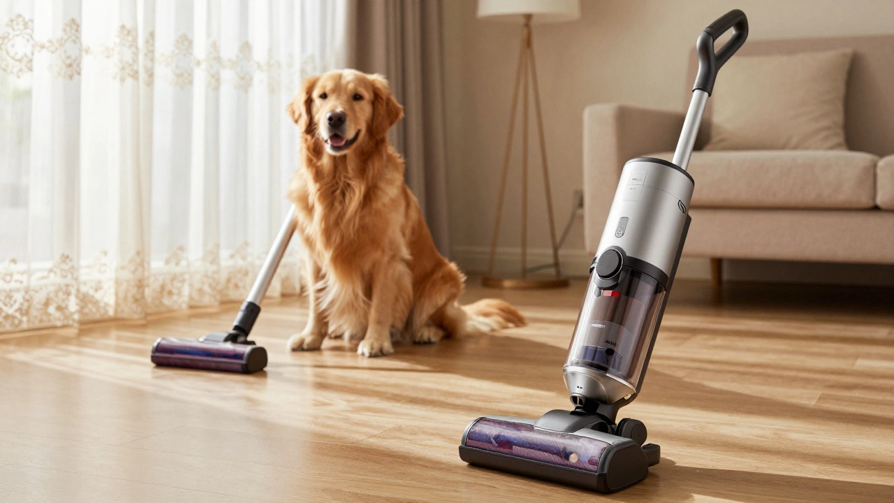 Bissell and Miele vacuums in a cozy home with a dog on hardwood floors