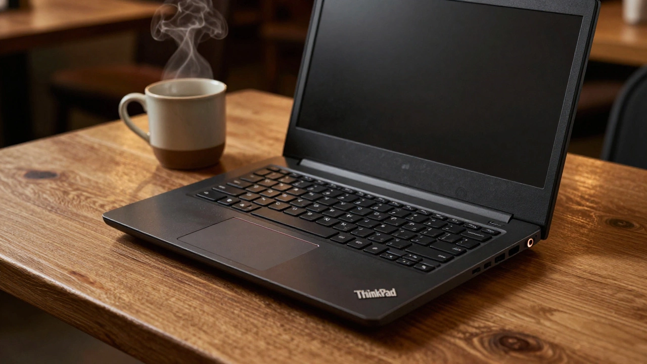 Close-up of a black Lenovo ThinkPad keyboard and TrackPoint in a warm, atmospheric café setting.