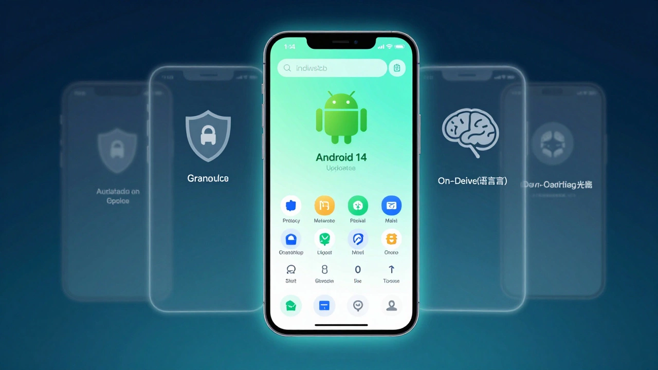 Conceptual art of Android 14 features and device compatibility