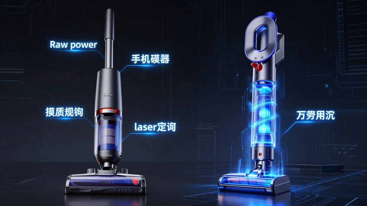 Conceptual comparison of Shark and Dyson vacuum technologies with glowing effects