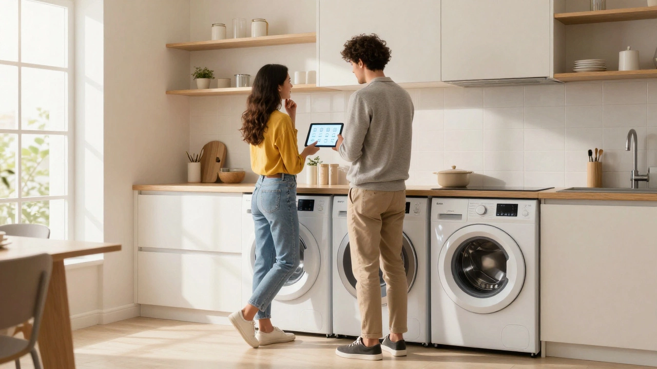 Couple comparing washing machines in a modern home utility area