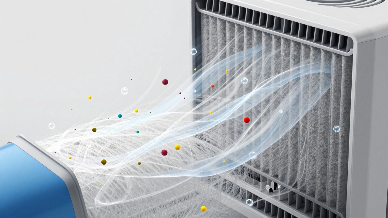 Cross-section diagram showing dust trapped by filter while humidity passes through