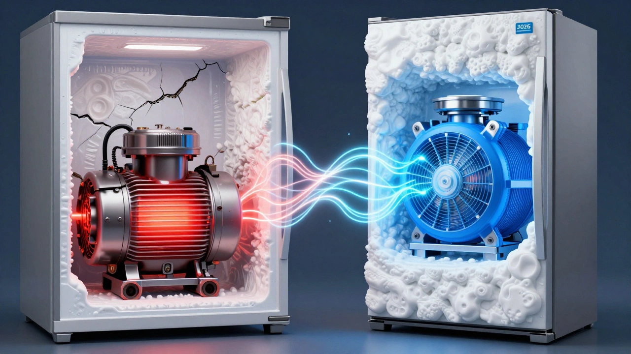 Cutaway comparison showing inefficient old vs efficient new fridge parts