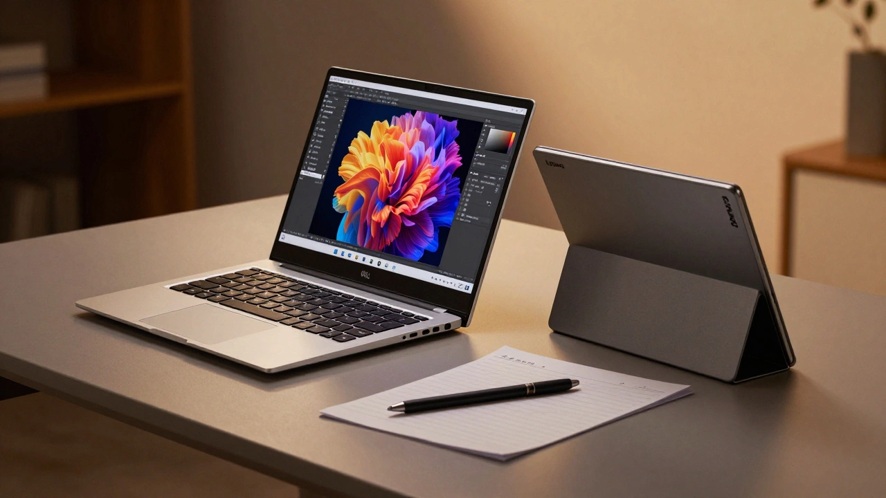 Dell XPS and Lenovo Yoga laptops displayed in a creative workspace setting