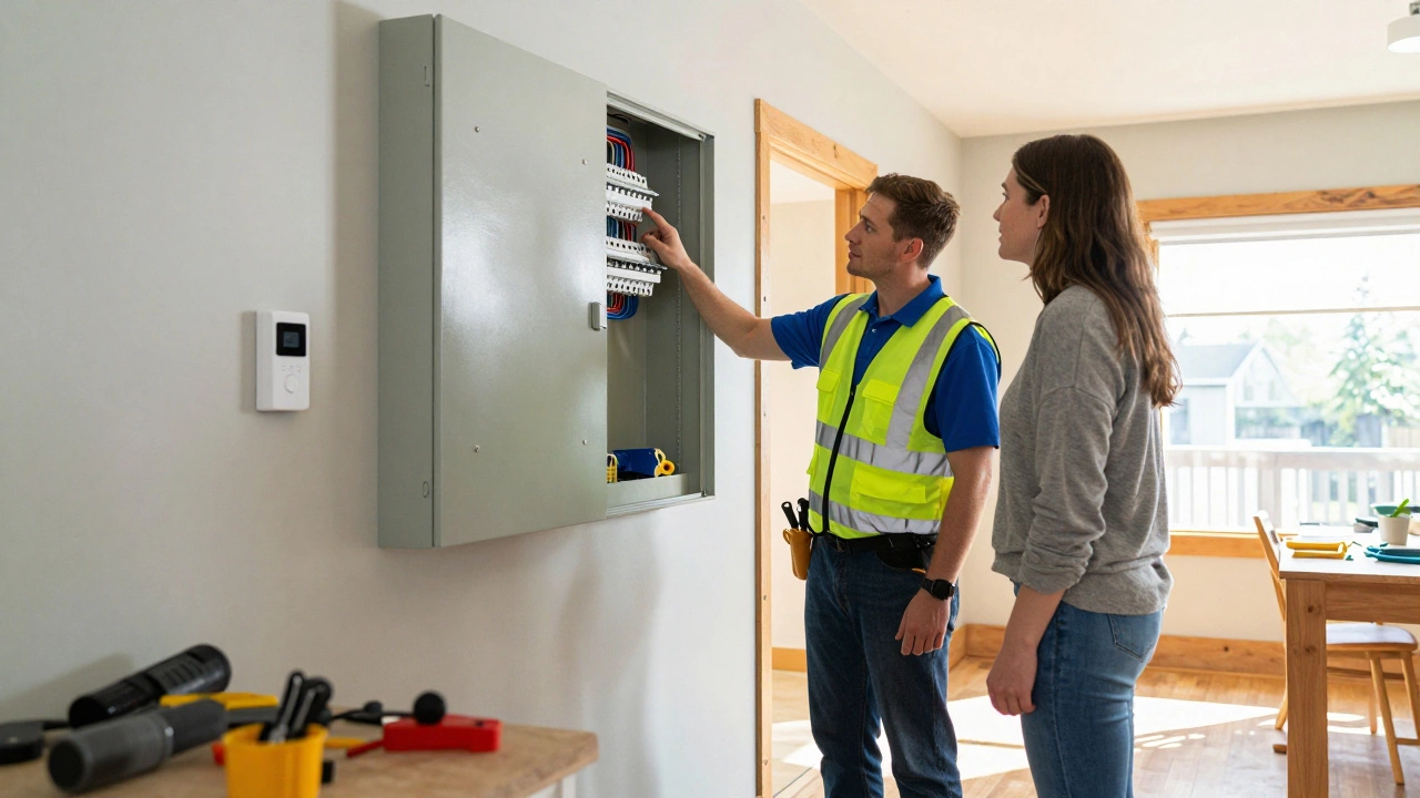 Electrician inspecting home circuit breaker