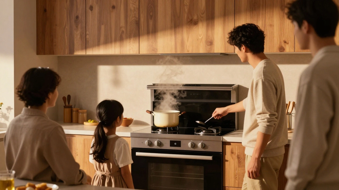 Family cooking together on a new electric range at sunset
