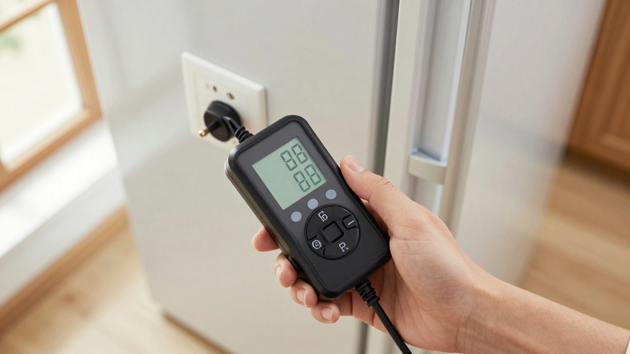 Hand checking electricity usage of a fridge with a plug-in meter