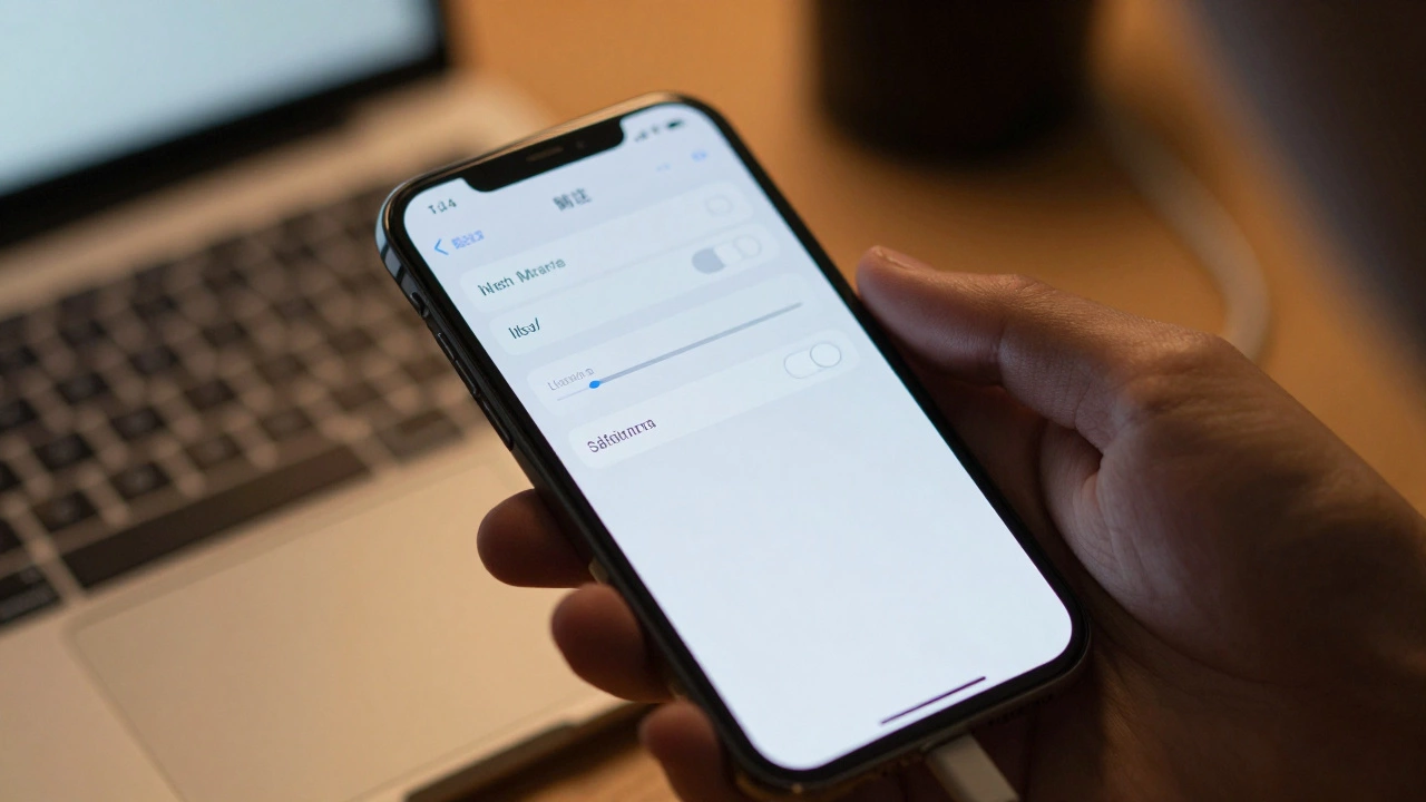 Hand holding phone showing settings menu for software update