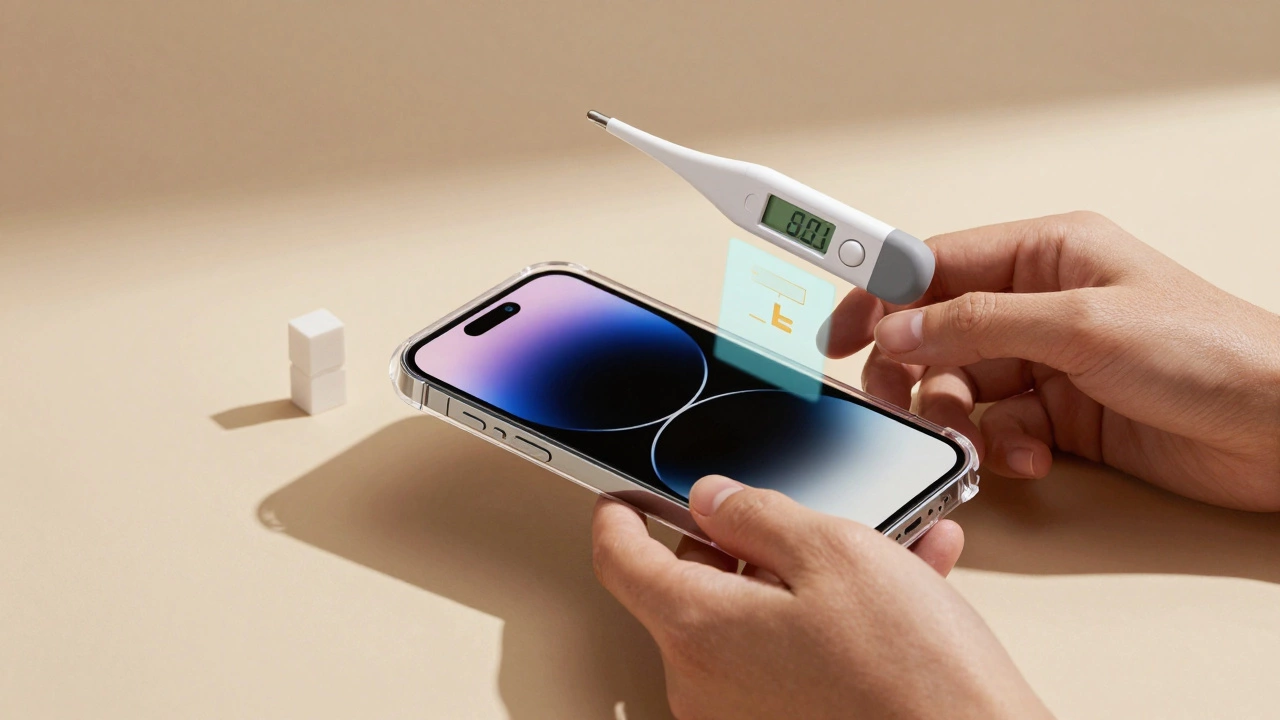 Hands protecting phone in case with temperature control concept