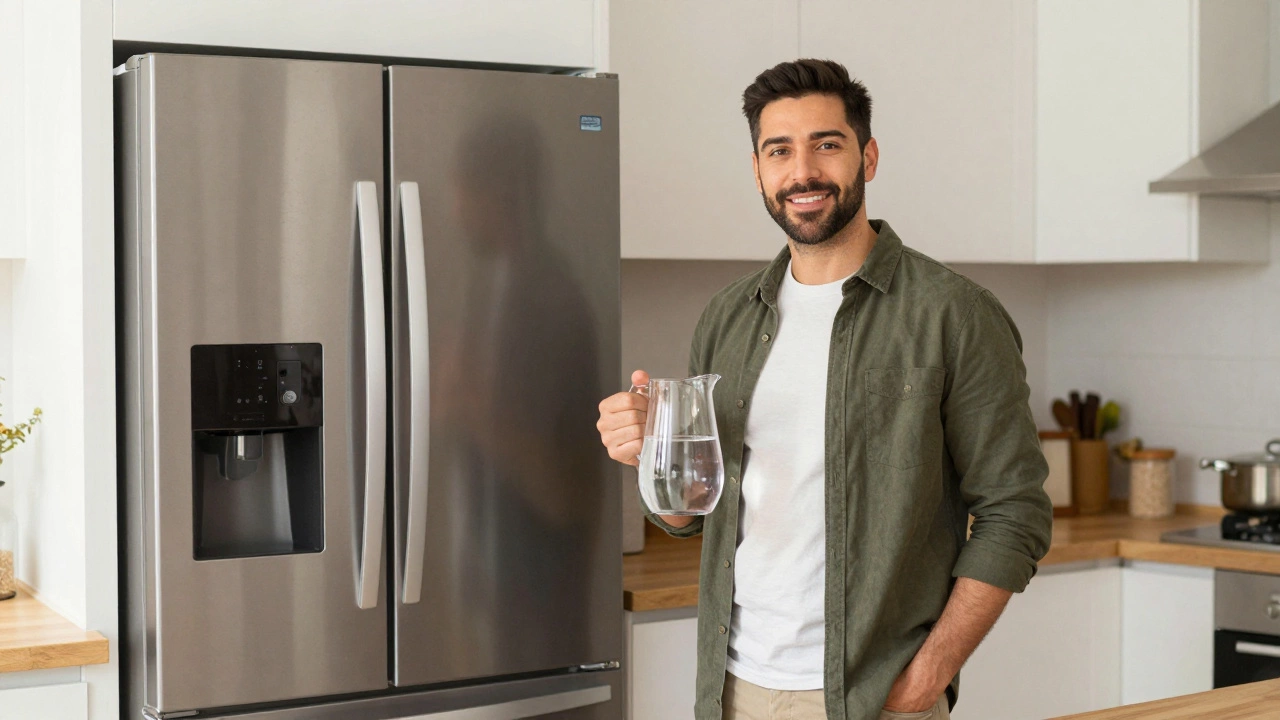 Happy homeowner with water pitcher next to reliable fridge