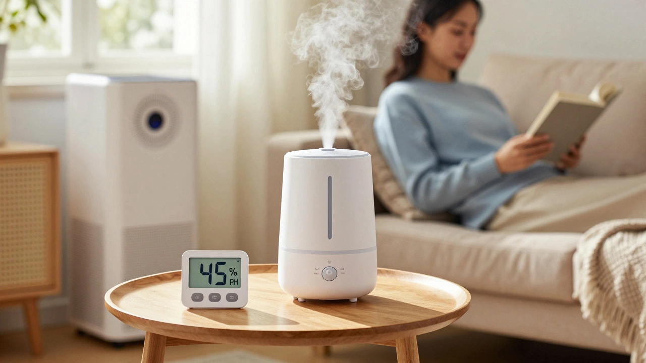 Hygrometer showing healthy humidity next to a humidifier and air purifier