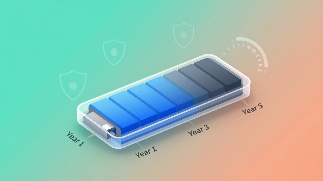 Illustration of smartphone battery degradation over five years
