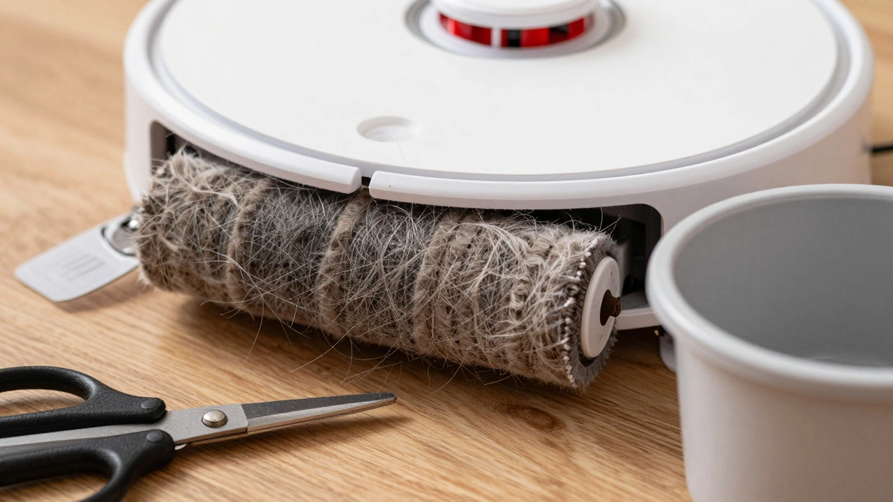 Robot vacuum brush roll wrapped in hair needing cleaning