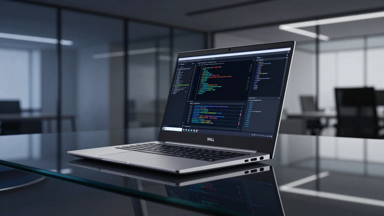 Sleek Dell XPS laptop showing engineering data on a glass desk in a modern corporate office.