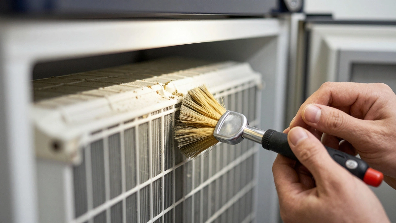 Technician cleaning dust from refrigerator condenser coils